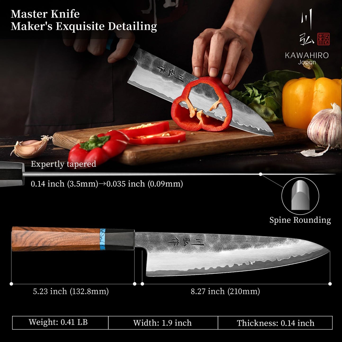 KAWAHIRO Japanese Chef Knife, 210mm Black Forged VG10 Kitchen Knife, Handcrafted Professional Chefs Knife with Ergonomic Handle, Perfect Birthday Gifts for Men Women, Luxury Gift Wood Box