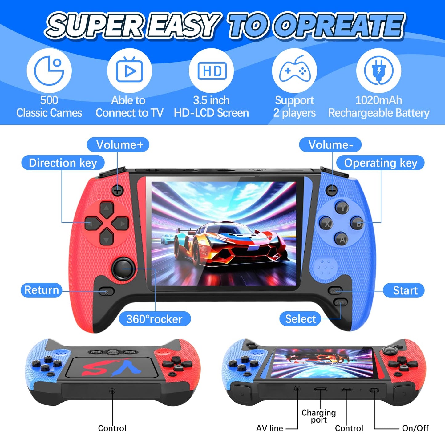 Handheld Game Console, Portable Video Game Console with 500 Retro Games, 3.5" HD Screen, Rechargeable Battery, Support 2 Players and Hook Up to TV, Christmas Birthday Gift for Adults Kids 4-12