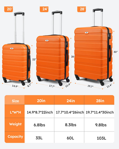 Suitour Luggage 3 Piece Sets Hard Shell Luggage Set with Spinner Wheels, TSA Lock, 20 24 28 inch Travel Suitcase Sets, Orange