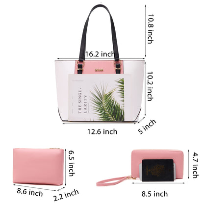 Women Purses Handbags Wallet Sets Shoulder Bags Top Handle Satchel Tote Purse Work Bag Set With Matching Wallet 3pcs WhitePink