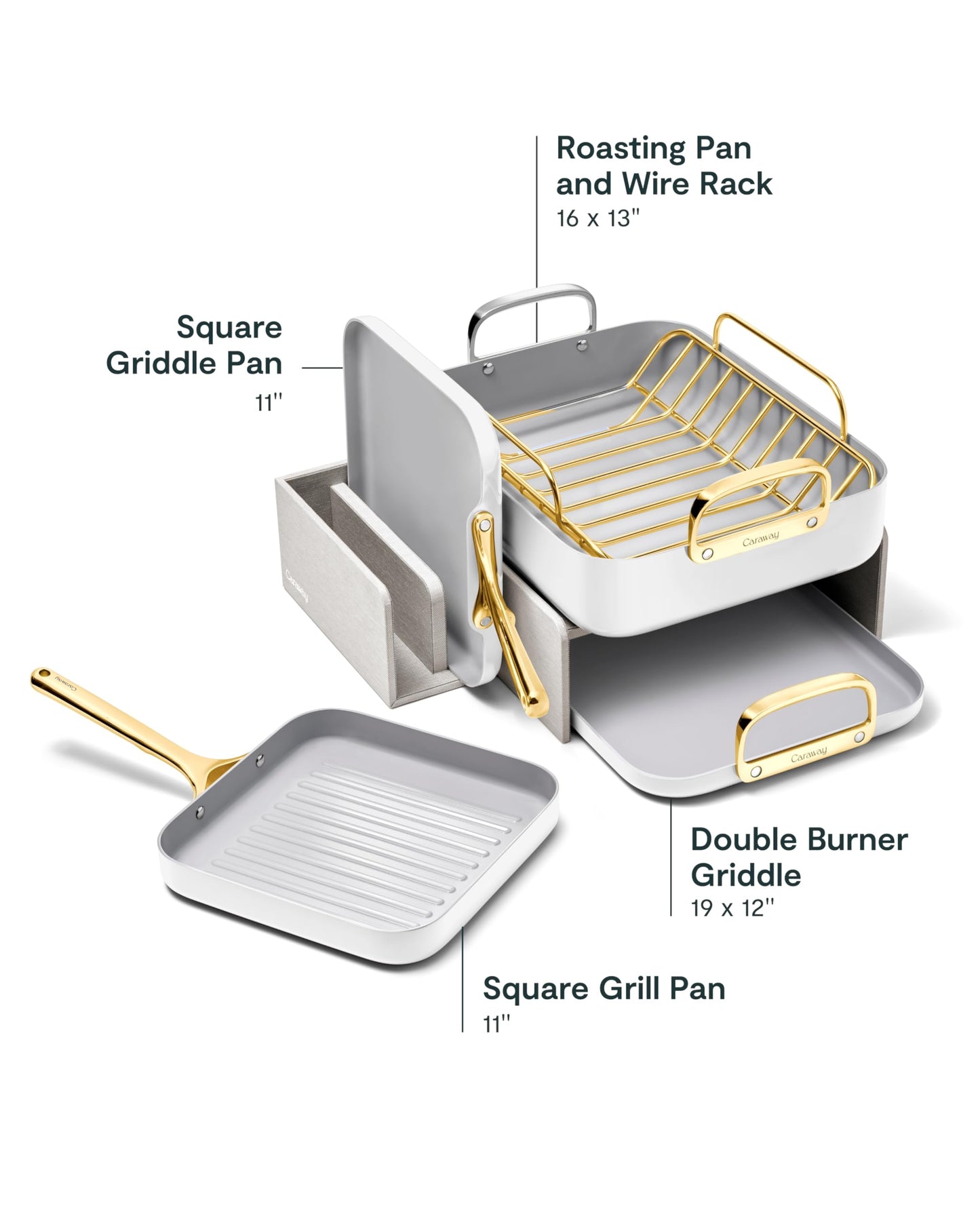 Caraway Square Cookware Set - Square Pans Set - Perfect for Griddling, Toasting, Searing, Roasting, and More - Non-Stick Ceramic Coated Pans - Non Toxic, PTFE & PFOA Free - White