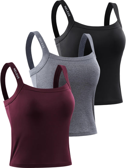 NELEUS Women's 3 Pack Compression Athletic Tank Top with Bra,8088,Black/Grey/red,Large