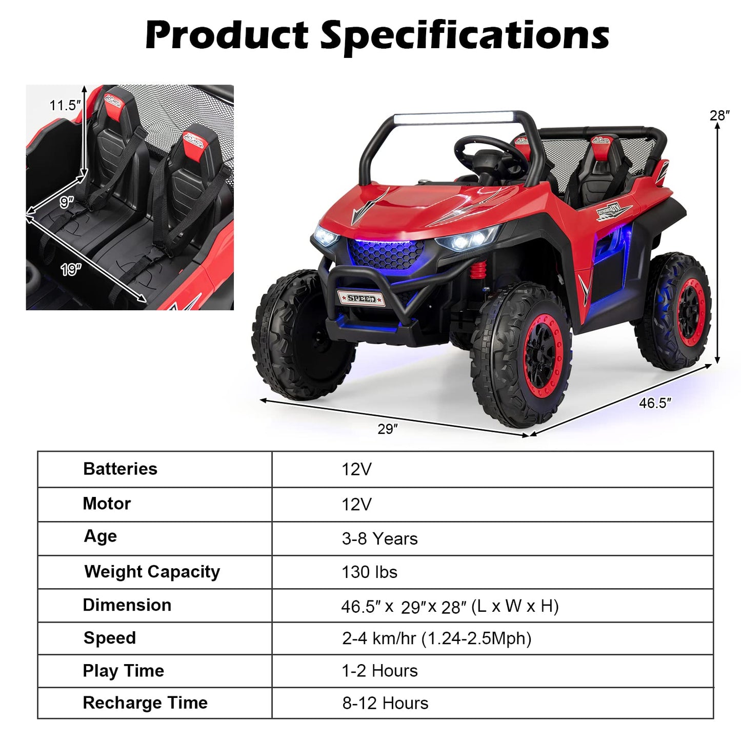 Costzon 2-Seater Ride on Car for Kids, 12V Kids' Electric Vehicles w/Remote Control, 4 Shock Absorbers, Wireless Music & FM, 3 Speeds, Ambiance Lights, Kids Electric UTV, Electric Car for Kids (Red)