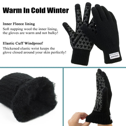 ViGrace Winter Warm Touchscreen Gloves for Men and Women Touch Screen Fleece Lined Knit Anti-Slip Wool Glove (Black, Large)