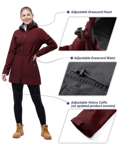 Outdoor Ventures Women's Softshell Jacket with Removable Hood Fleece Lined Windbreaker Insulated Long Warm Rain Jacket