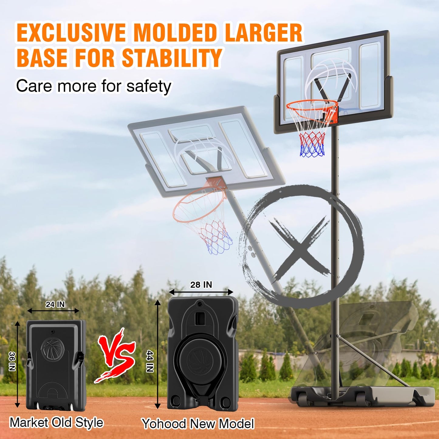 Yohood Basketball Hoop Outdoor 10 pés ajustável, sistema de gol de basquete portátil para crianças, jovens e adultos no quintal/entrada de automóveis/interno, painel inquebrável de 44 polegadas e base maior