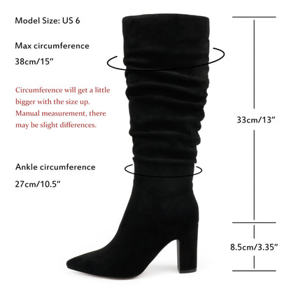 JOY IN LOVE Women's High Block Heel Wrinkled Slouchy Zipper Knee High Boots Black S-BD US 6.5