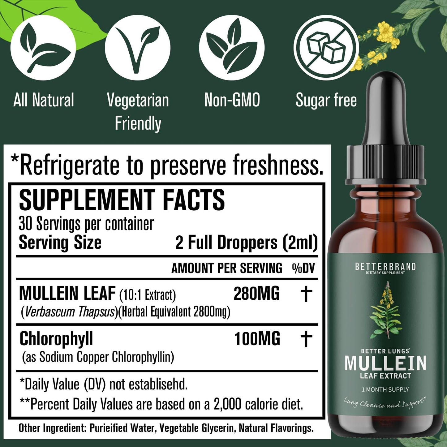 Betterbrand BetterLungs Mullein Leaf Extract - Support Lung Cleanse & Respiratory Function for Healthy Breathing - Natural Supplement, Tincture Drops | Non-GMO, Vegetarian | 1 Month Supply