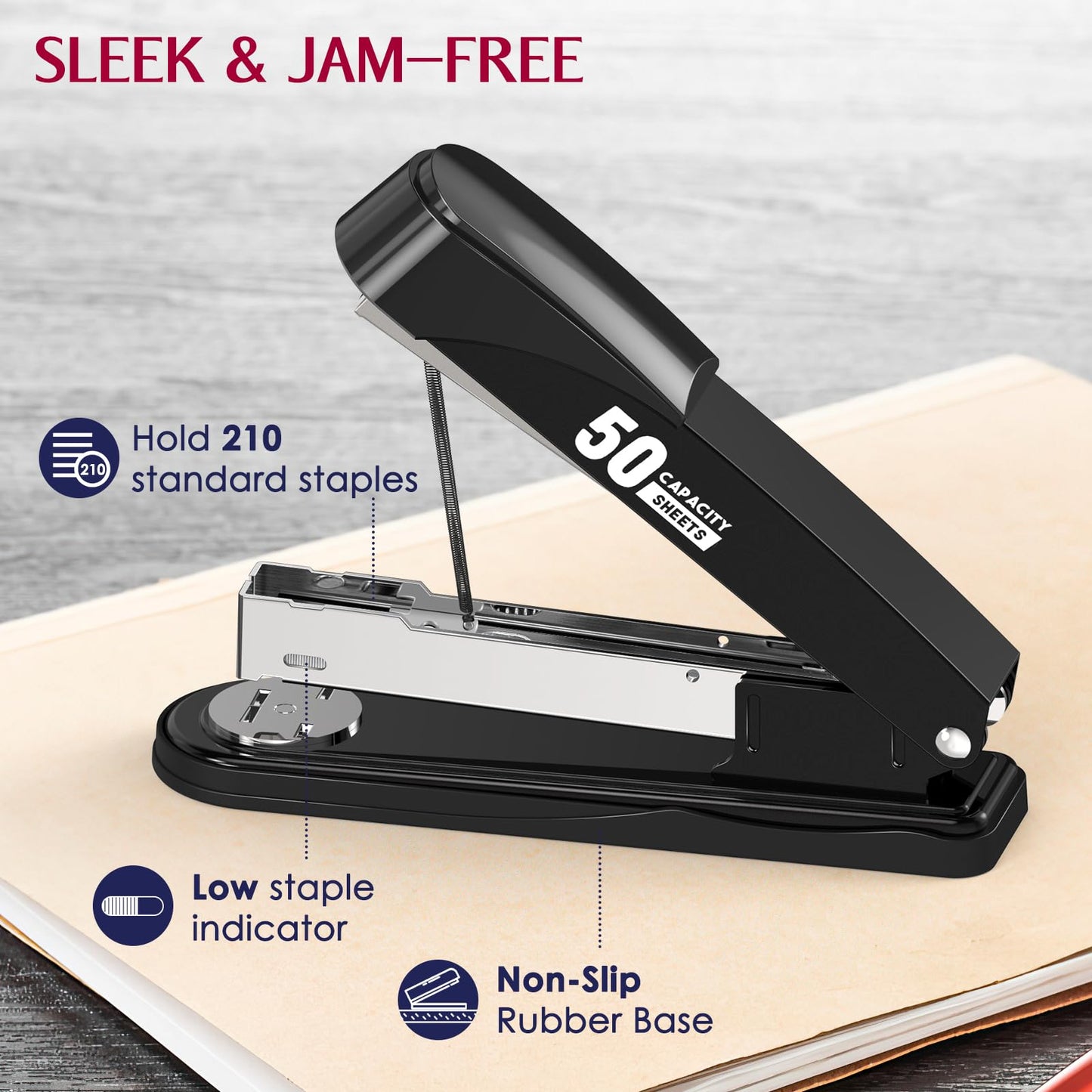 Metal Stapler Heavy Duty 50 Sheet Capacity with 1750 Staples and Staple Remover, Full Strip Staplers for Desk, No Jam, Non-Slip Office Stapler with Staples for Office & Classroom, Black