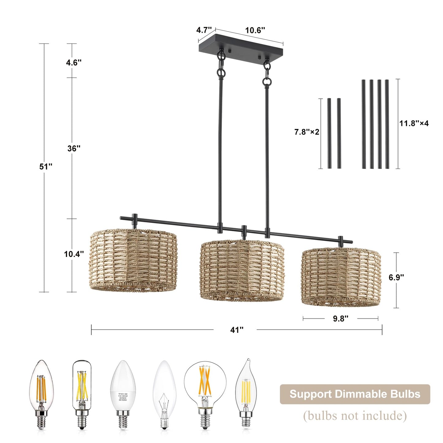 HLMRCHEN 41" Chandelier Woven Rattan Light Fixture with 3 Wicker Lampshades, Large Linear Boho Chandeliers Drum Pendant Lights Kitchen Island