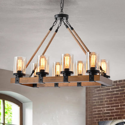 8-Light Farmhouse Chandelier Kitchen Island Light Fixture, Wood Chandeliers, Candle Pendant Light, Glass Lodge and Tavern Pendant Lighting 480W Max (Bulb Not Included)