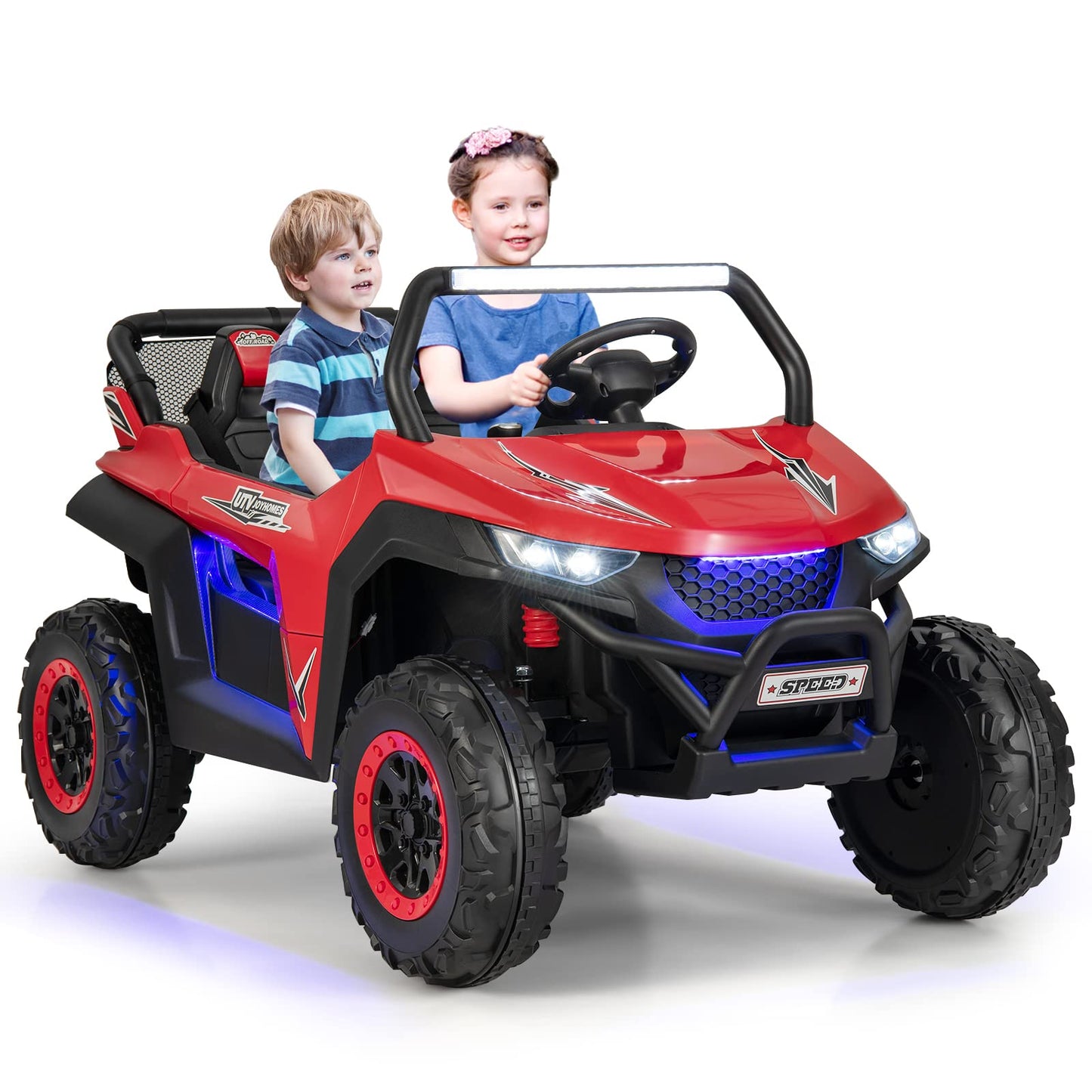 Costzon 2-Seater Ride on Car for Kids, 12V Kids' Electric Vehicles w/Remote Control, 4 Shock Absorbers, Wireless Music & FM, 3 Speeds, Ambiance Lights, Kids Electric UTV, Electric Car for Kids (Red)