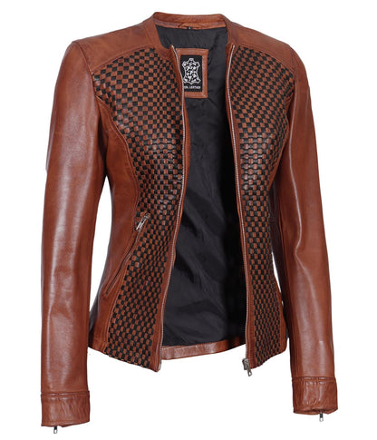 Blingsoul Womens Brown Leather Jacket With Black Textured Style - Cafe Racer Leather Jacket For Women | [1311534] Maude Brown, L