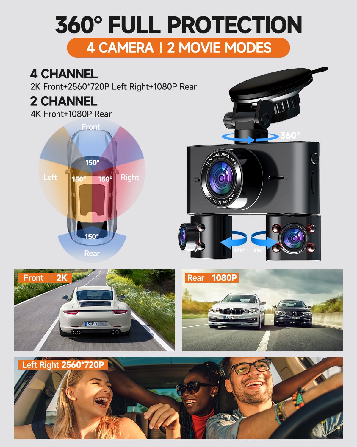 Dash Cam 360°, Dash Camera for Cars Front and Rear Inside, 4 Channel 4K/2K FHD Mini Dashcam, Built-in WiFi GPS, with 64GB Card, Voice Control, WDR,HDR,Night Vision, 24/7 Parking Mode(Upgraded Version)