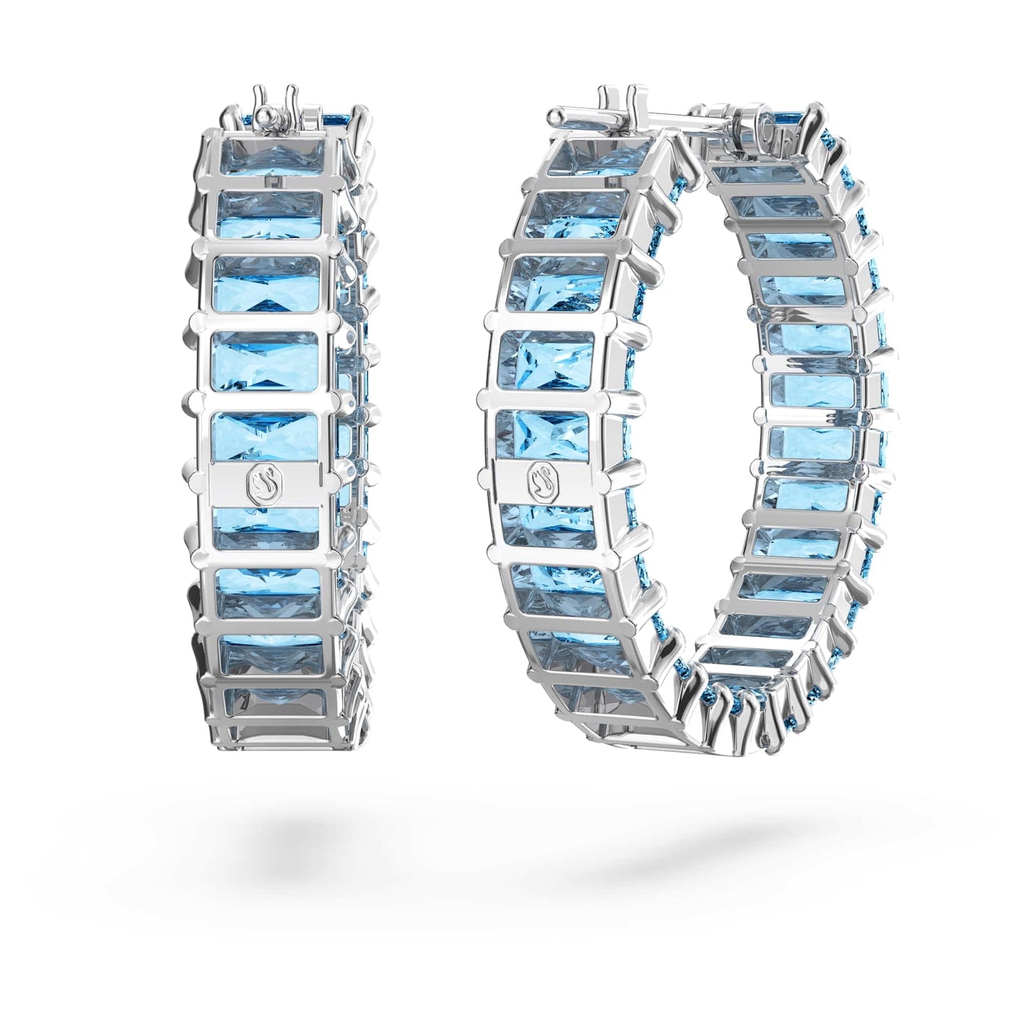 Swarovski Matrix Hoop Earrings with Princess Cut Blue Crystals on Rhodium Finished Setting, Part of the Swarovski Matrix Collection