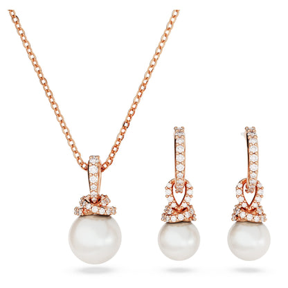 Swarovski Originally Earring and Necklace Set, Clear Stones and Pearls in a Rose Gold-Tone Finished Setting, Part of the Originally Collection