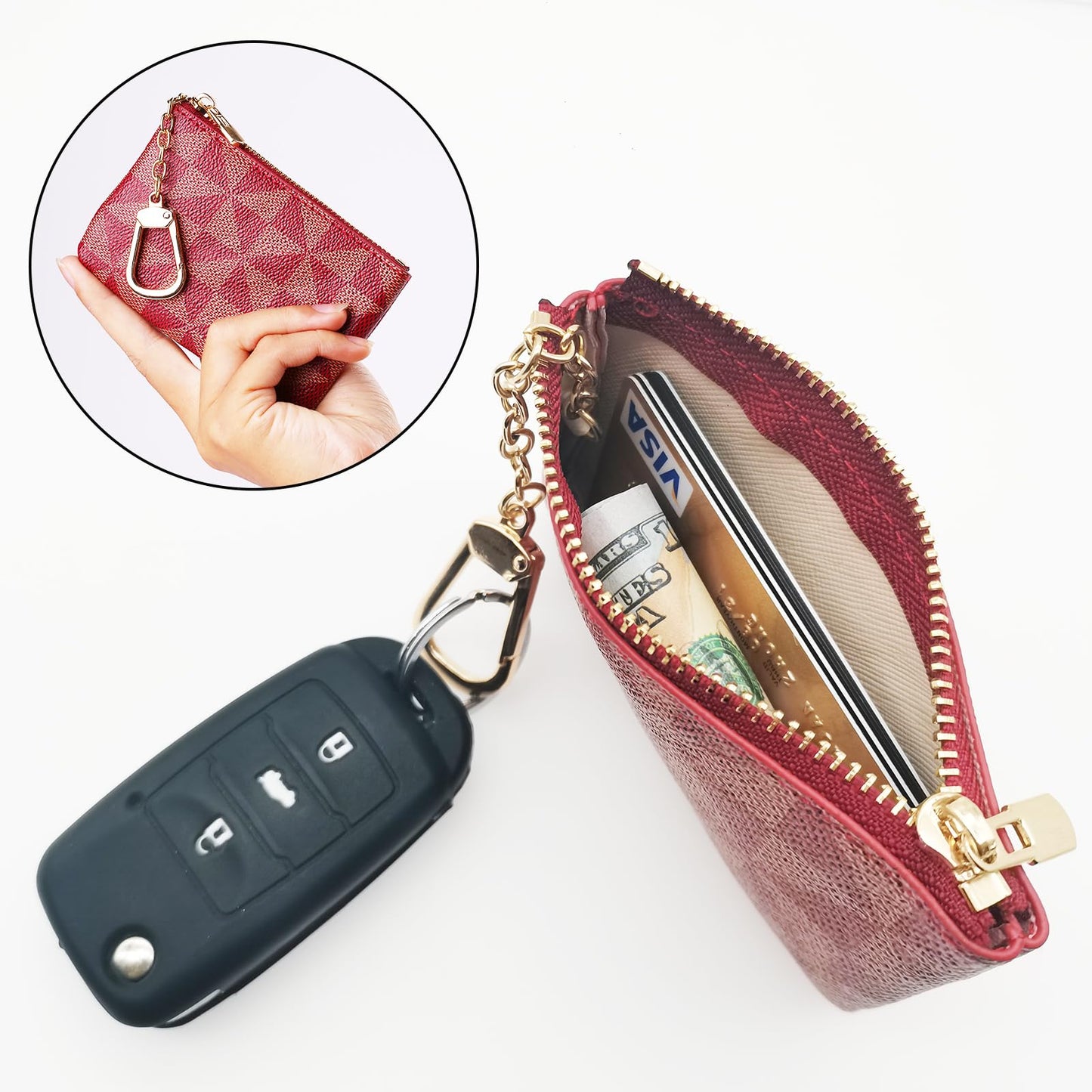 Leather Coin Purse for Women with KeyChain Small Zipper Change Purse coin Pouch Card Holder Wallet Clutch for Women & Men(Red)