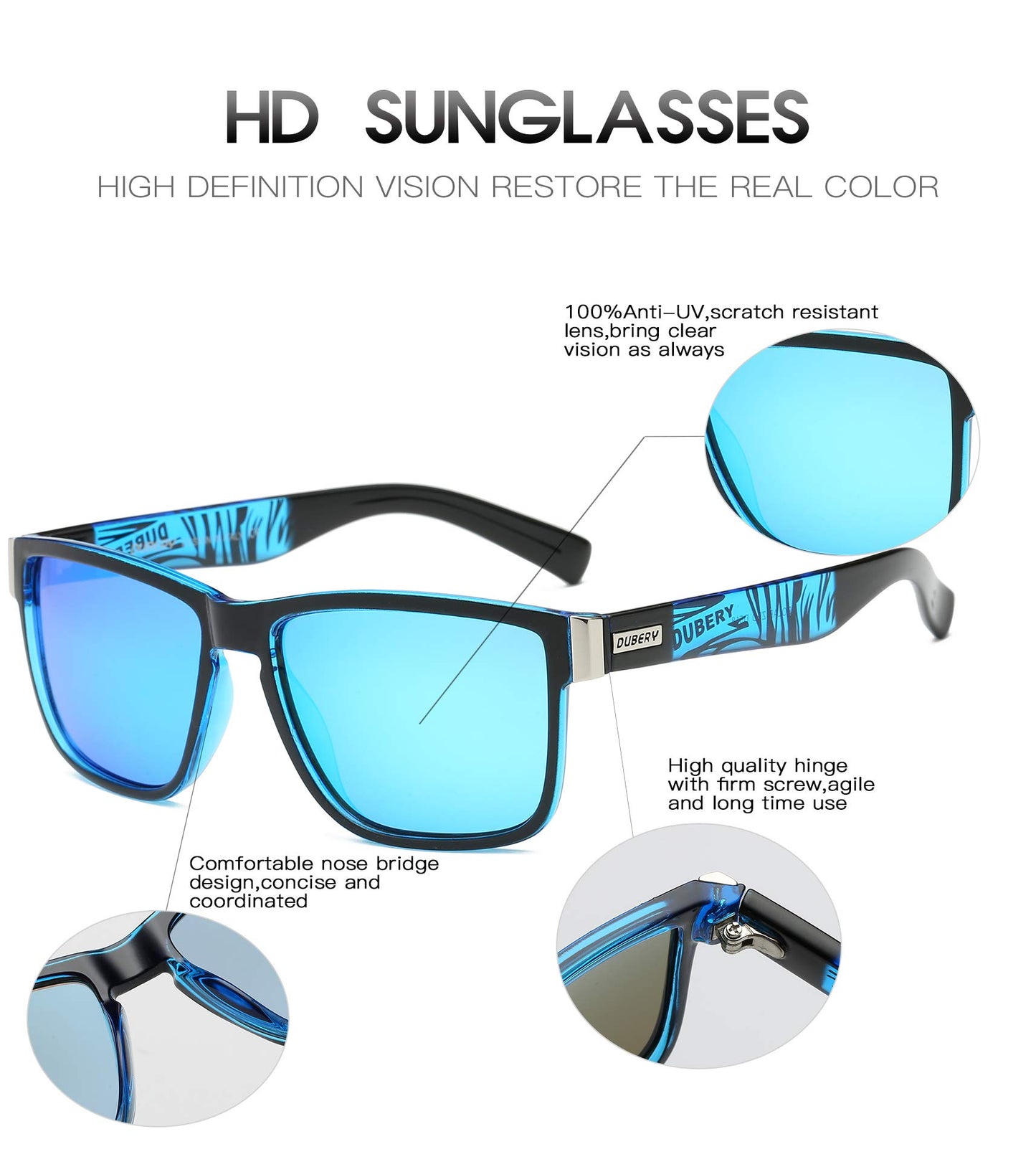 DUBERY Vintage Polarized Sunglasses for Men Women Retro Square Mirrored Lens Sun Glasses D518, Blue