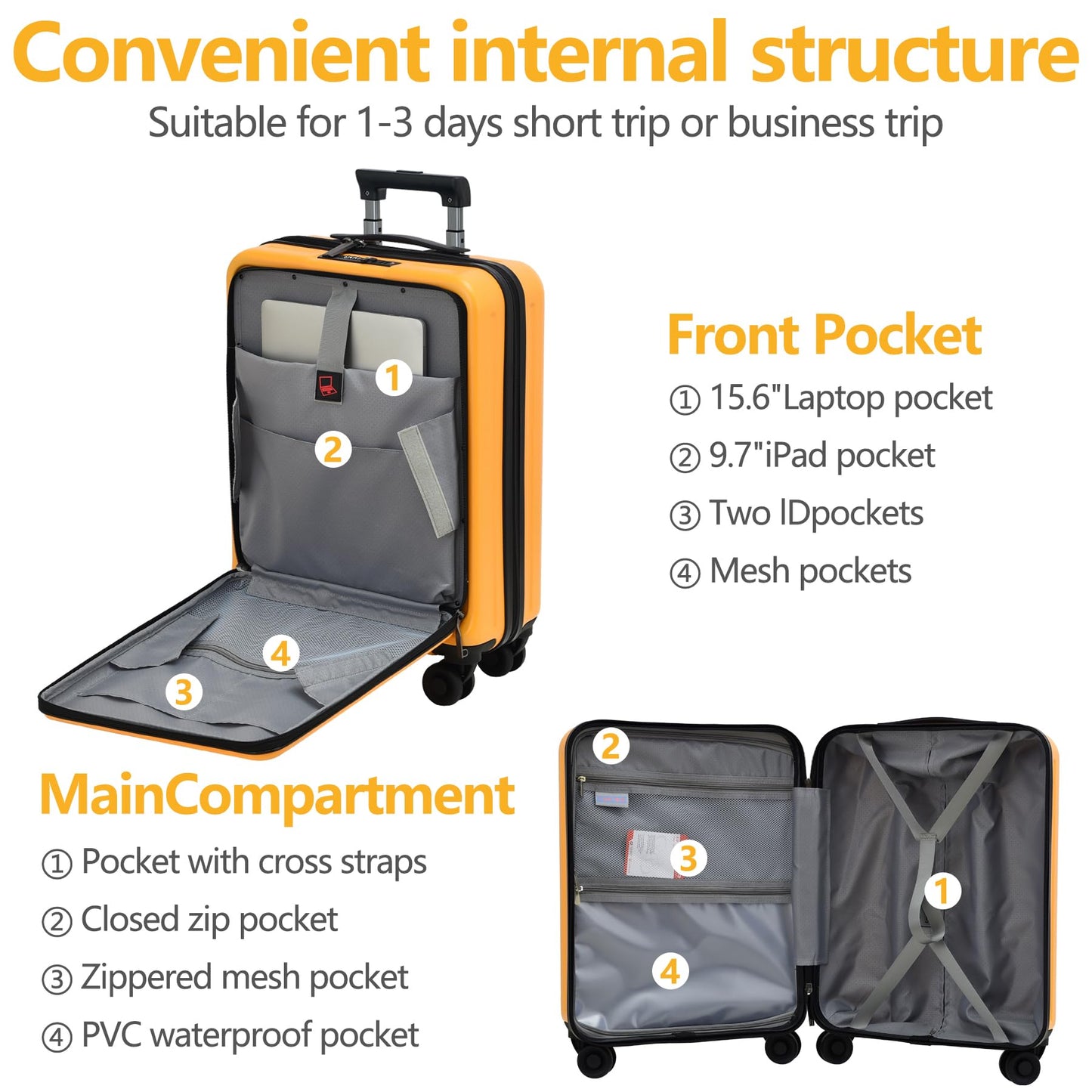 TydeCkare 20 Inch Carry On Luggage with Front Pocket, 21.65 * 15.35 * 7.87" Suitable for Airplane Overhead Bin, 34L PC+ABS Hardshell, Orange