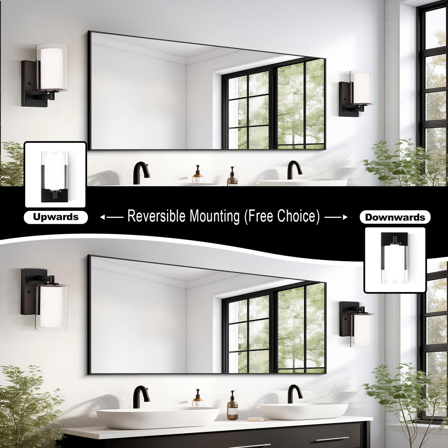 Wall Sconces Set of 2 Modern Vanity Lights with Double Clear Glass Shade Matte Black Indoor Farmhouse Wall Lights for Bathroom Living Room Bedroom Hallway Bulb E26 Base (Bulbs Not Included)