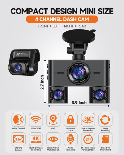 Dash Cam 360°, Dash Camera for Cars Front and Rear Inside, 4 Channel 4K/2K FHD Mini Dashcam, Built-in WiFi GPS, with 64GB Card, Voice Control, WDR,HDR,Night Vision, 24/7 Parking Mode(Upgraded Version)