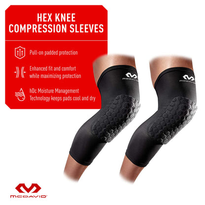 McDavid Hex Knee Compression Sleeves, Pull-On Padded Protection, Moisture Wicking (1 Pair)