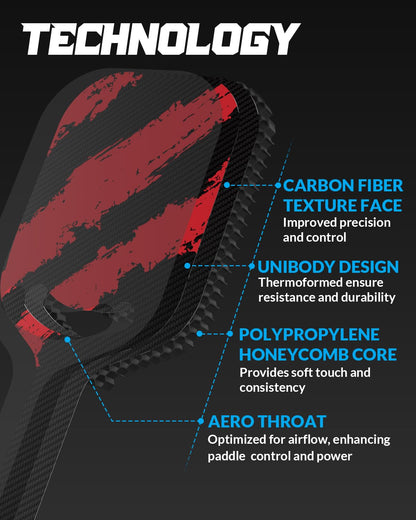 Raquete de Pickleball de Fibra de Carbono Warping Point com Garganta Aero, Raquetes de Pickleball Termoformadas Aprovadas pela USAPA para Potência e Spin, Núcleo de Colmeia de Polipropileno de 16 mm, Superfície de Carbono Texturizado, Vermelho