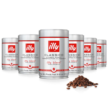 illy Whole Bean Coffee - Perfectly Roasted Whole Coffee Beans – Classico Medium Roast - with Notes of Caramel, Orange Blossom & Jasmine - 100% Arabica Coffee - No Preservatives – 8.8 Ounce, 6 Pack