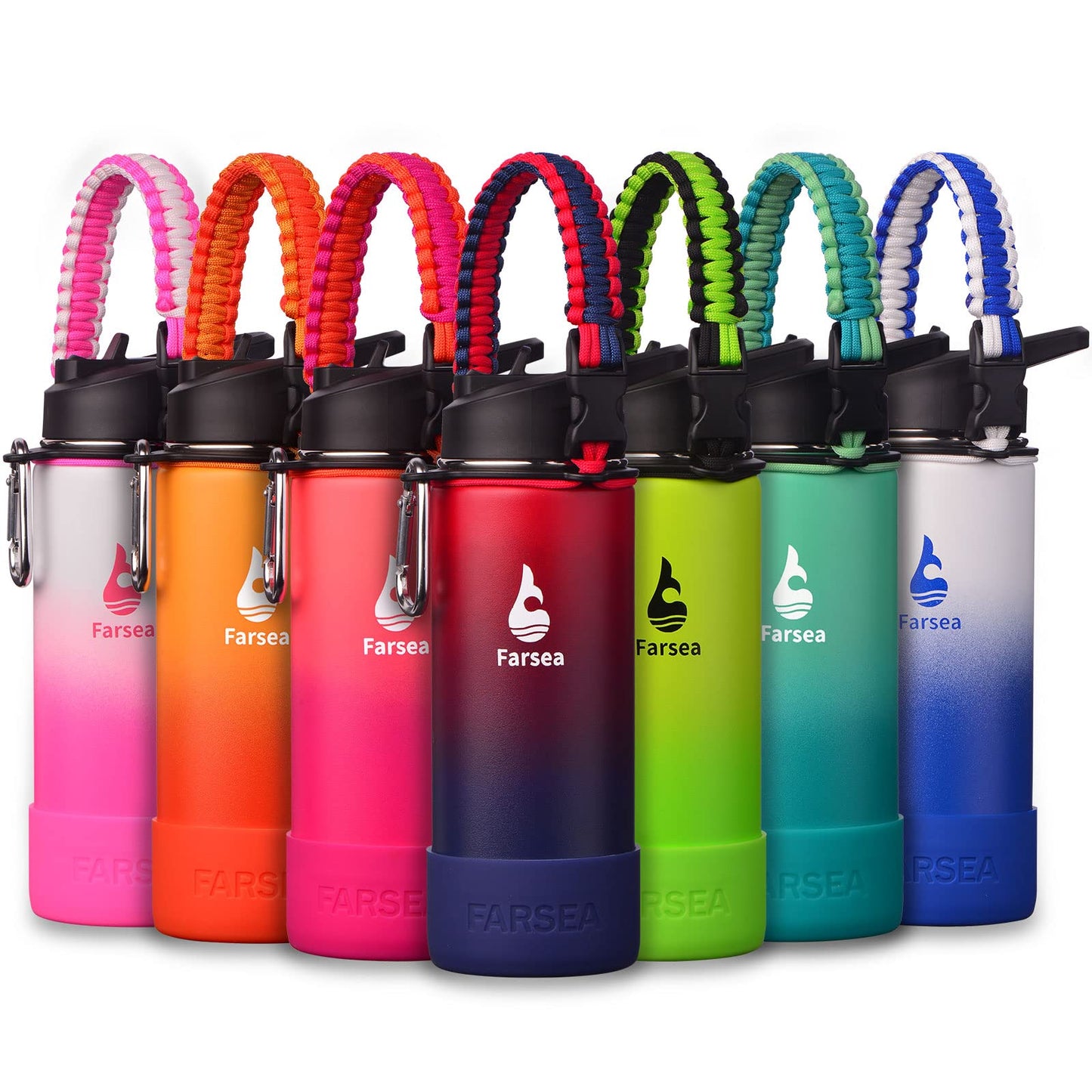 Botella de agua aislada Farsea con asa de paracord, funda protectora de silicona y 2 tapas (tapa con pajita y tapa con boquilla), botella de agua de acero inoxidable de boca ancha, pared doble, resistente al sudor, sin BPA, 18 oz