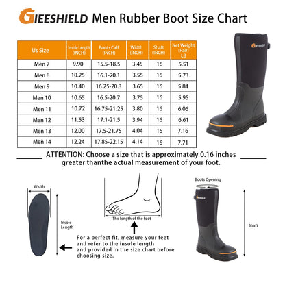 GIEESHIELD Men's Rubber Work Boots with Steel Toe & Shank, Waterproof & Anti-Slip, 6mm Neoprene, Durable Brown Rubber Boot for Construction, Farming, Manufacturing, Sizes 7-14