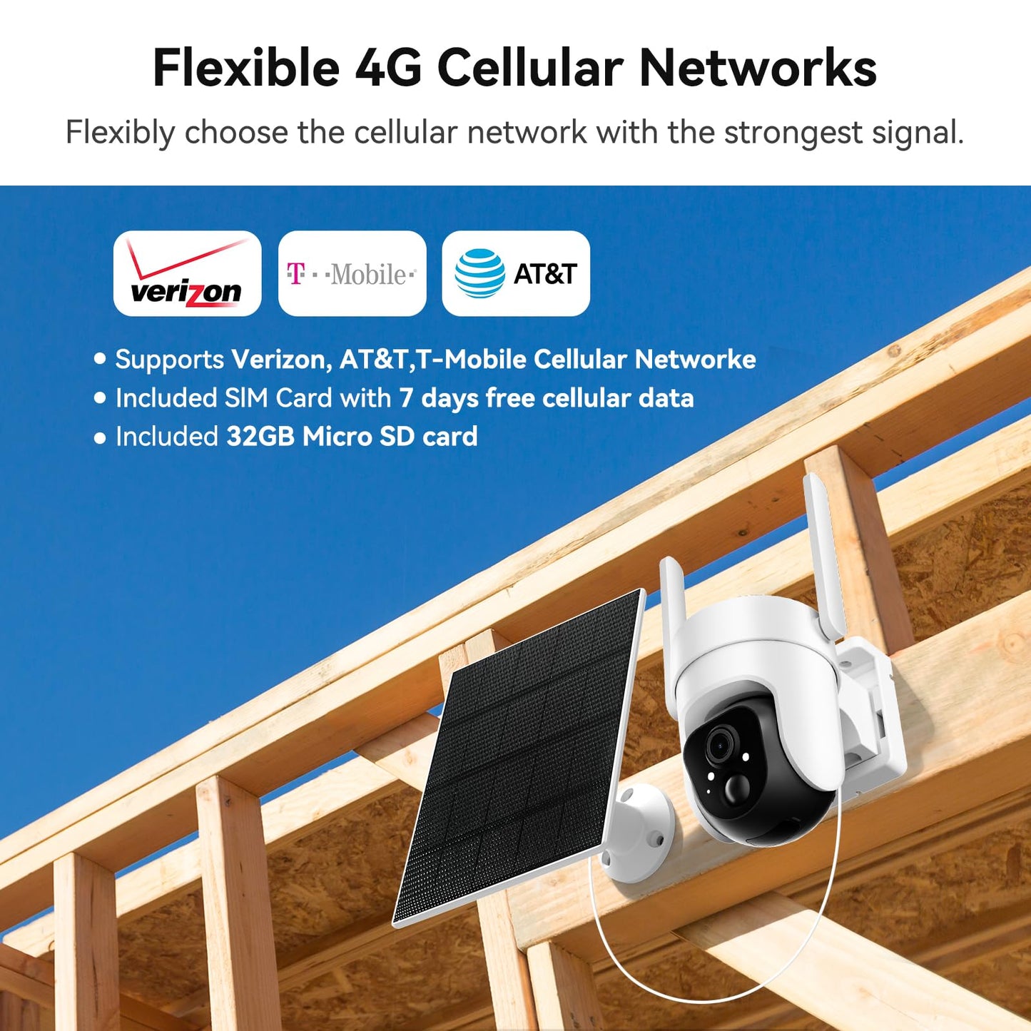 4G LTE Cellular Security Camera Includes SD&SIM Card(Verizon/AT&T/T-Mobile), 2K Solar Outdoor Cam Wireless Without WiFi Needed,Live View, Color Night Vision, Motion&Siren Alert, Playback