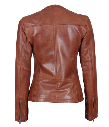 Blingsoul Womens Brown Leather Jacket With Black Textured Style - Cafe Racer Leather Jacket For Women | [1311534] Maude Brown, L