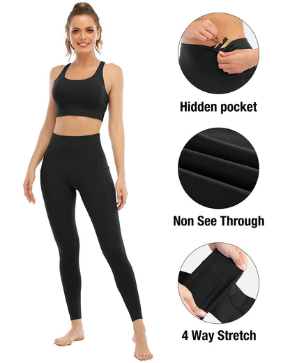 YOUNGCHARM 4 Pack Leggings with Pockets for Women,High Waist Tummy Control Workout Yoga Pants BlackDGrayNavyBurgundy-L