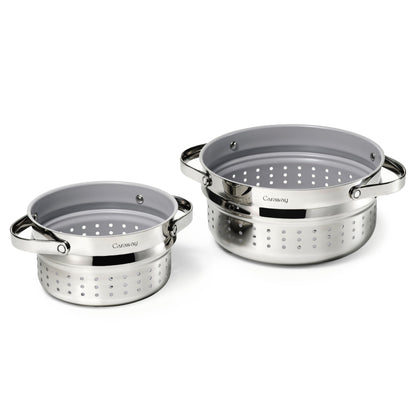 Caraway Steamer Duo - Stainless Steel Steamer with Handles - Non Stick, Non Toxic Coating - Steam Veggies, Seafood, and More - Compatible With Our Dutch Oven or Sauce Pan