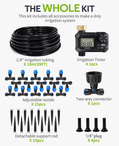 HIRALIY 59FT Greenhouse Mist Drip Irrigation Kit with Garden Timer, Hanging Plant Watering System, with Tubing, Misting Nozzles, and Water Timer, Quick Connector Design Automatic Irrigation System