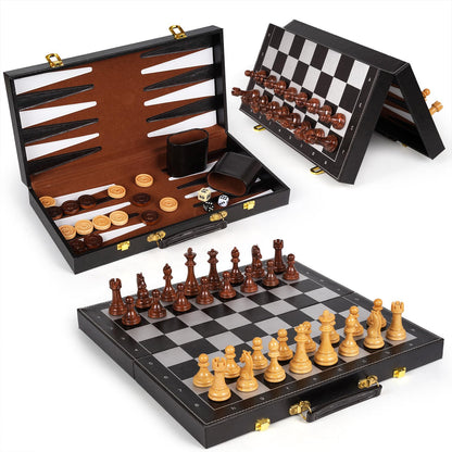 Chess Checkers Backgammon Set 3-in-1 Board Games Sets for Kids & Adults，15" Folding Magnetic Chess Set Leather Chess Board Strategy Game Portable Travel Chess Game with Magnetic Chess Pieces