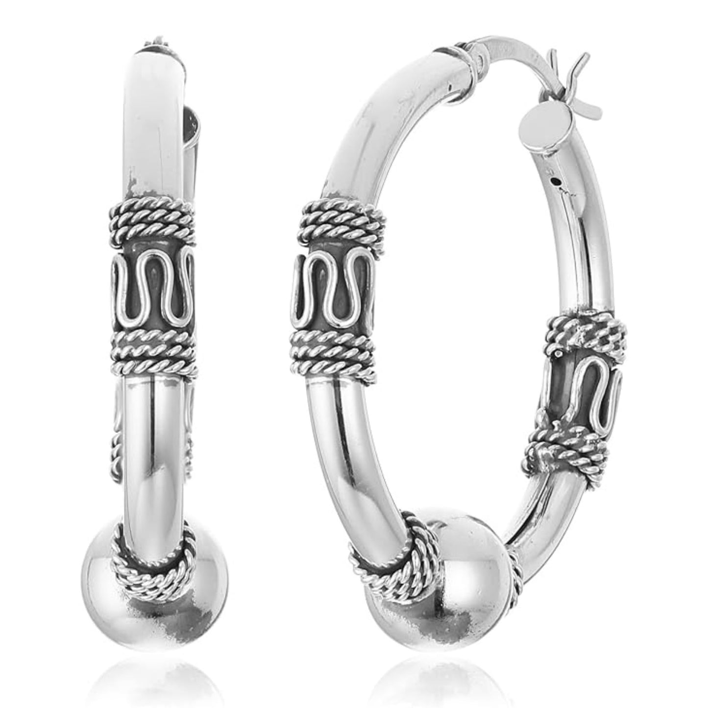 Amazon Essentials 925 Sterling Silver Balinese Beaded Hoop Earrings Hypoallergenic Lightweight Jewelry For Women, Medium Size 29mm Earring (previously Amazon Collection)