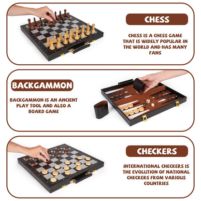 Chess Checkers Backgammon Set 3-in-1 Board Games Sets for Kids & Adults，15" Folding Magnetic Chess Set Leather Chess Board Strategy Game Portable Travel Chess Game with Magnetic Chess Pieces