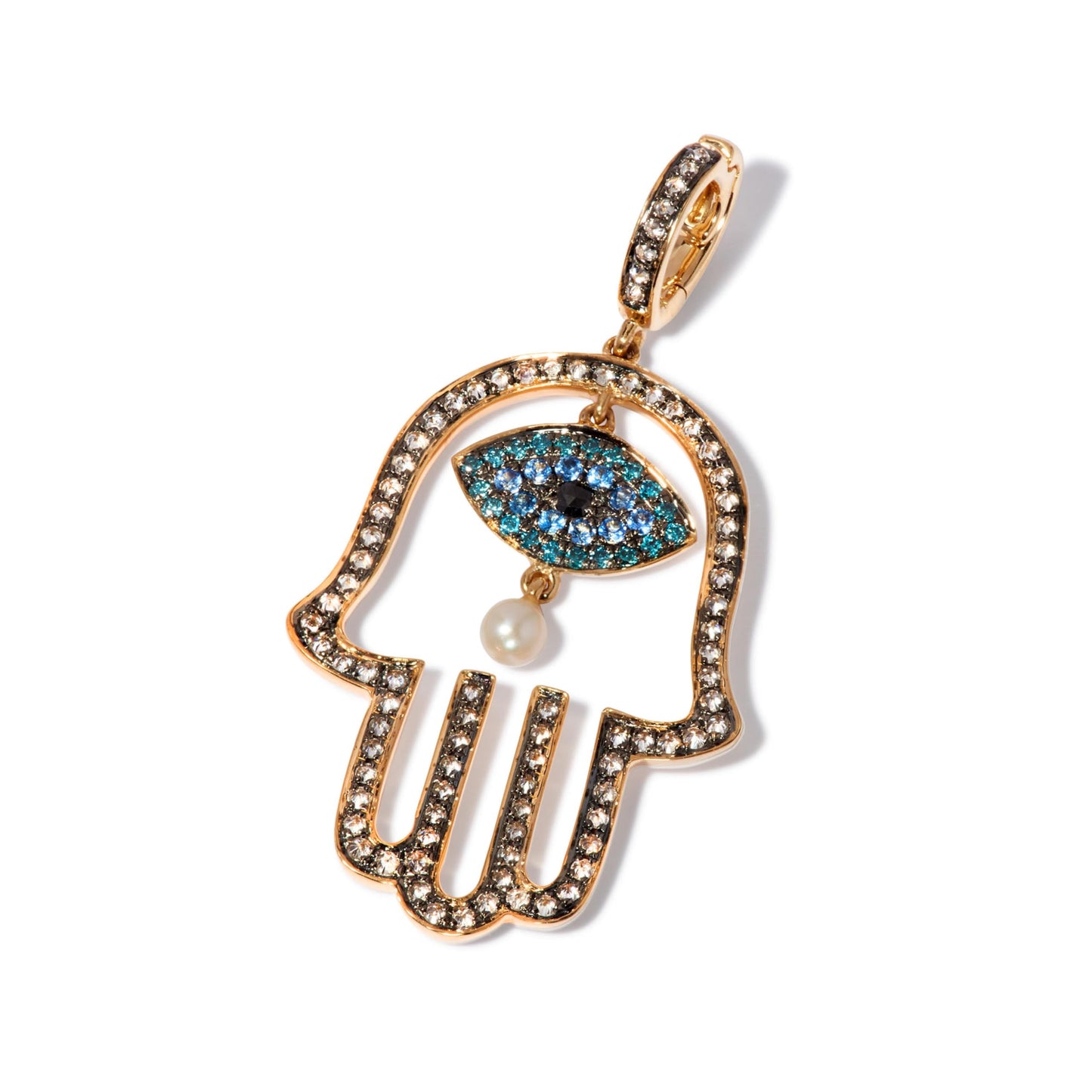 Mythology Hand of Fatima Charm Pendant, 18ct Yellow Gold, Coloured Diamonds, Sapphires and Freshwater White Pearl