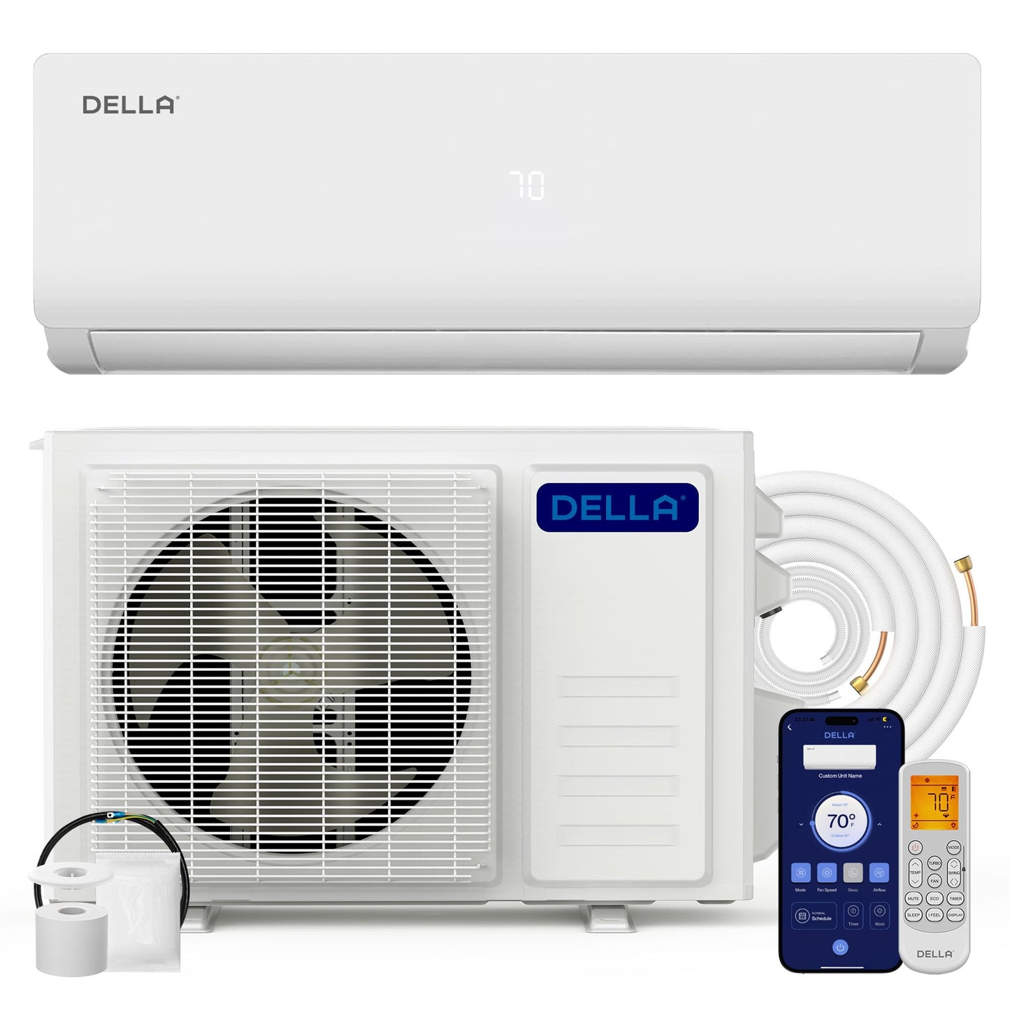 DELLA Versa Series 9000 BTU Mini Split Air Conditioner Work with Alexa 19 SEER2 Cools Up to 400 Sq.Ft Energy Efficient Ductless Inverter System, Heat Pump Pre-Charged and 16.4ft Installation Kits