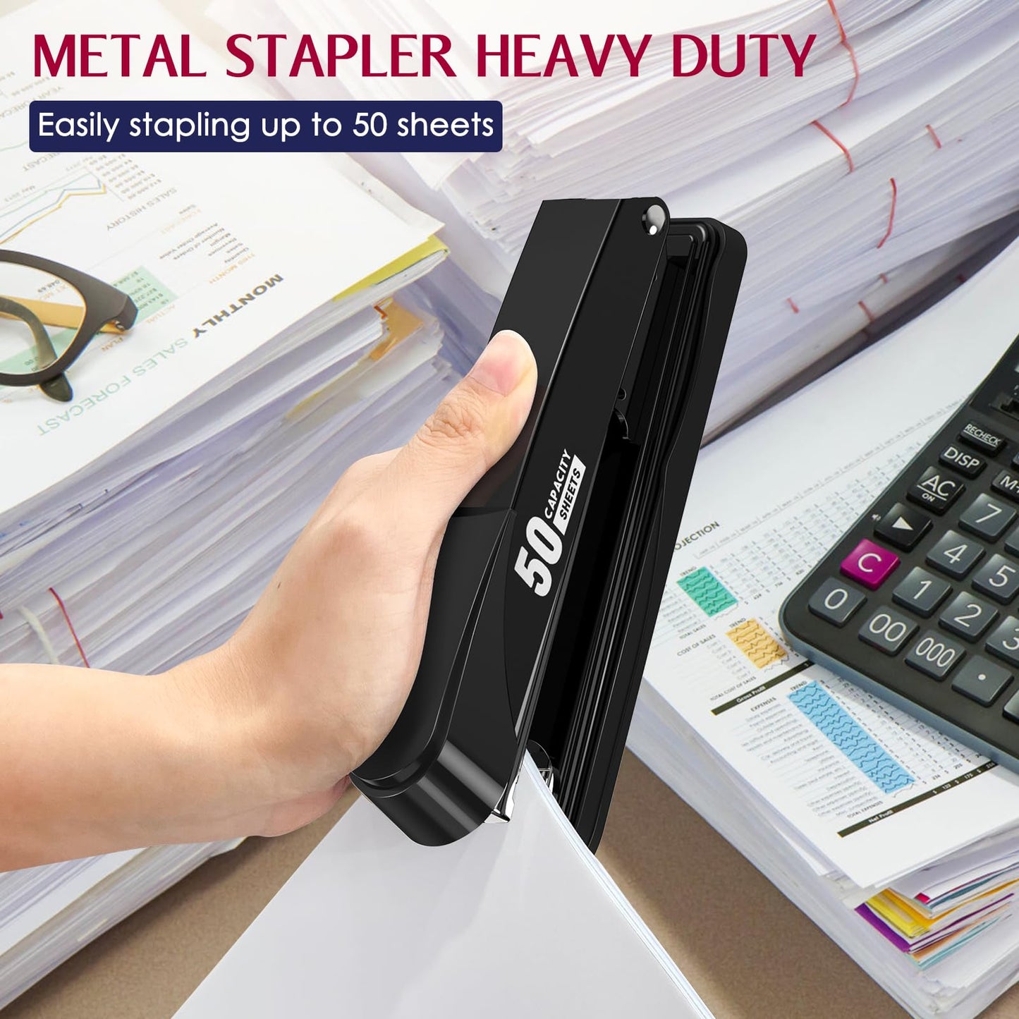 Metal Stapler Heavy Duty 50 Sheet Capacity with 1750 Staples and Staple Remover, Full Strip Staplers for Desk, No Jam, Non-Slip Office Stapler with Staples for Office & Classroom, Black