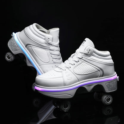 2-in-1 Roller Skates Shoes with Retractable 4 Wheels & Pop-Out Deformation Sneakers Outdoor Sports Skating Shoes for Girls Boys