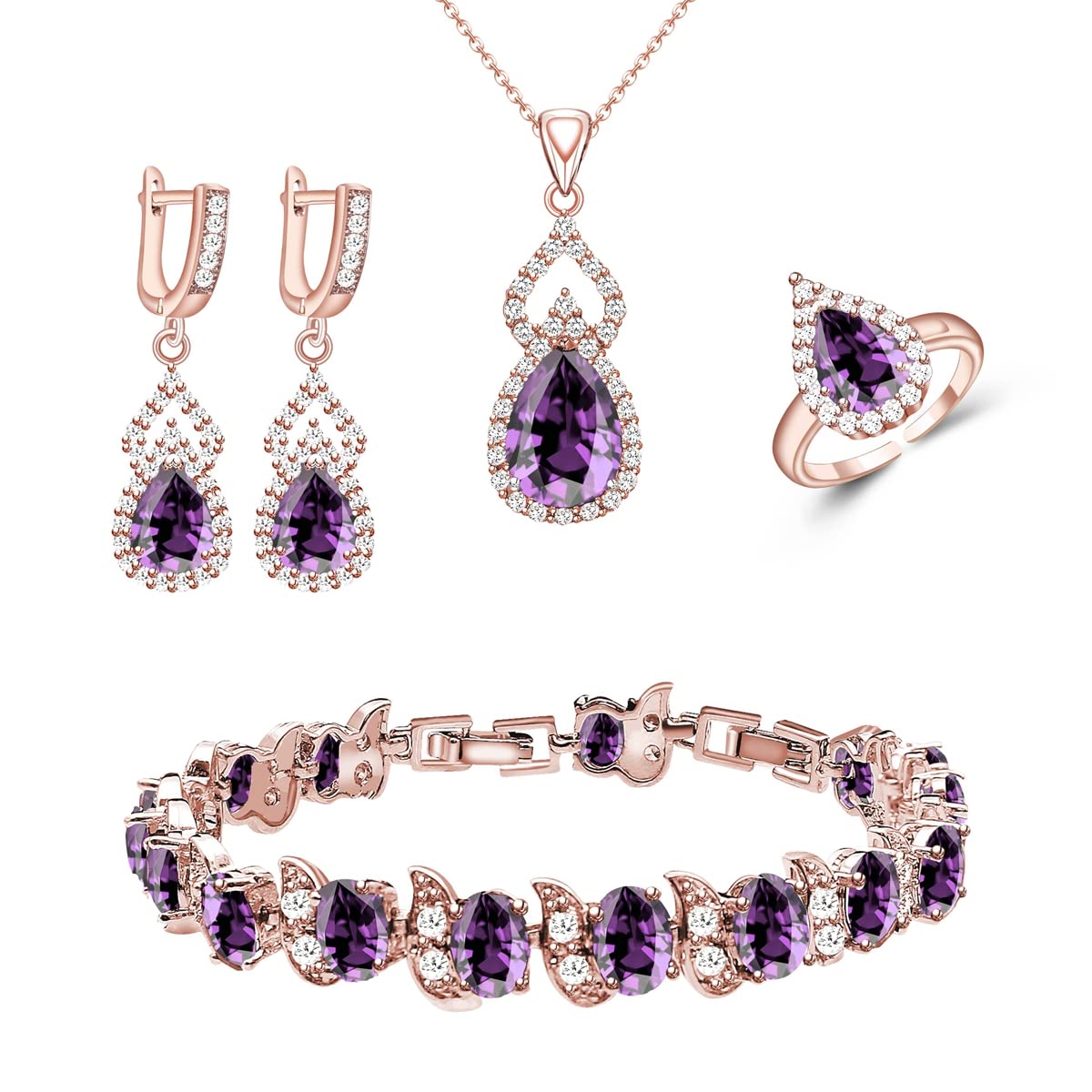 LMXXVJ Rose Gold Plated Jewelry Sets for Women，Feb Birthstone Purple Created Amethyst Necklace Earring Open Ring Bracelet Set ,Christmas Birthday Prom Thanksgiving Day Festival Gifts for Mom/Wife/Sister/Best Friend