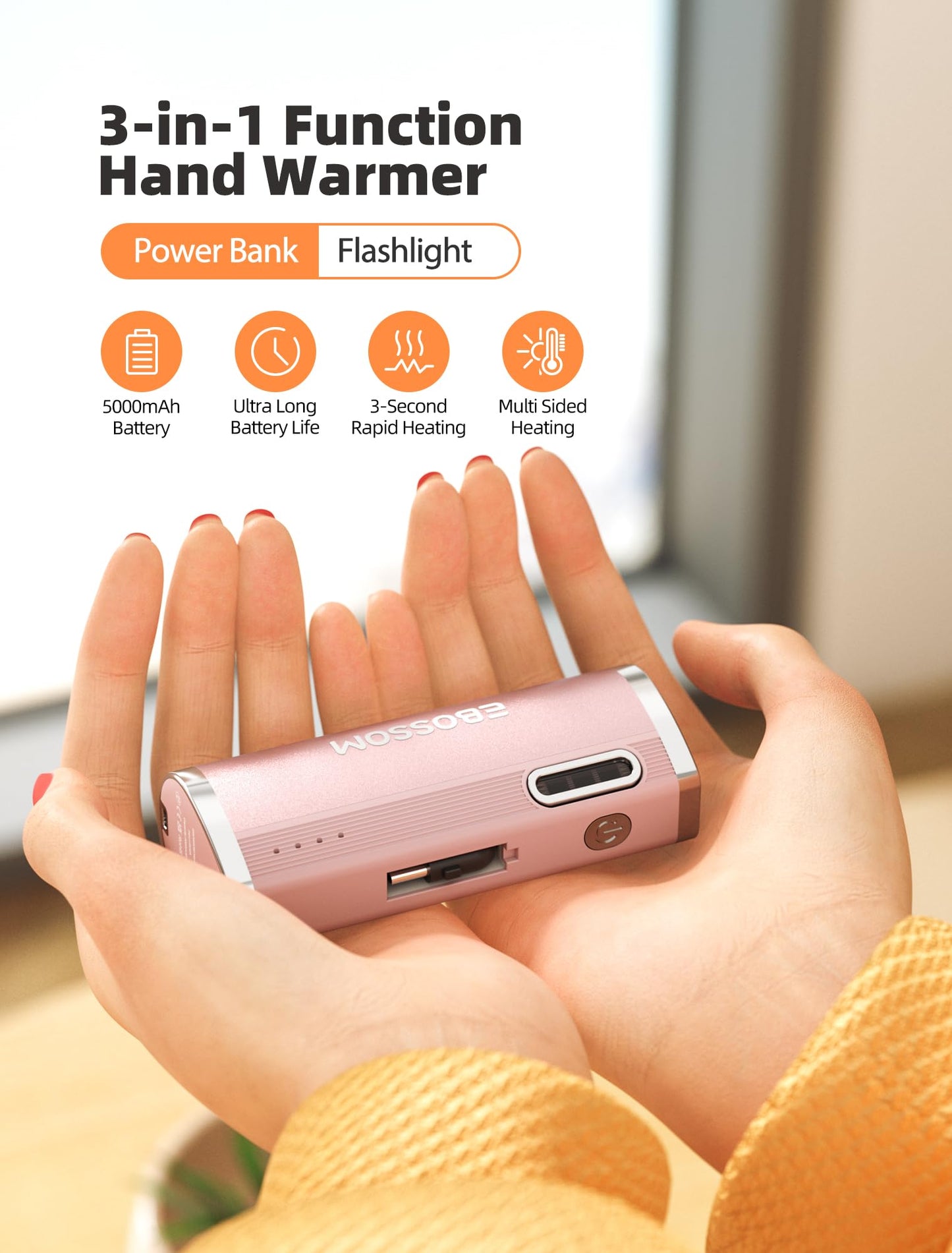 EBOSSOM Hand Warmer Rechargeable, 5000 mAh Power Bank 3 in 1 Electric Hand Warmer, Reusable Flashlight Pocket Heater for Outdoor, Hunting, Camping, Spark W11