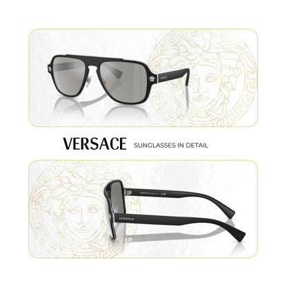 Versace VE2199 MEDUSA CHARM 10006G 56MM Matte Black/Light Grey Mirror Silver Square Sunglasses For Men + BUNDLE With Designer iWear Eyewear Kit