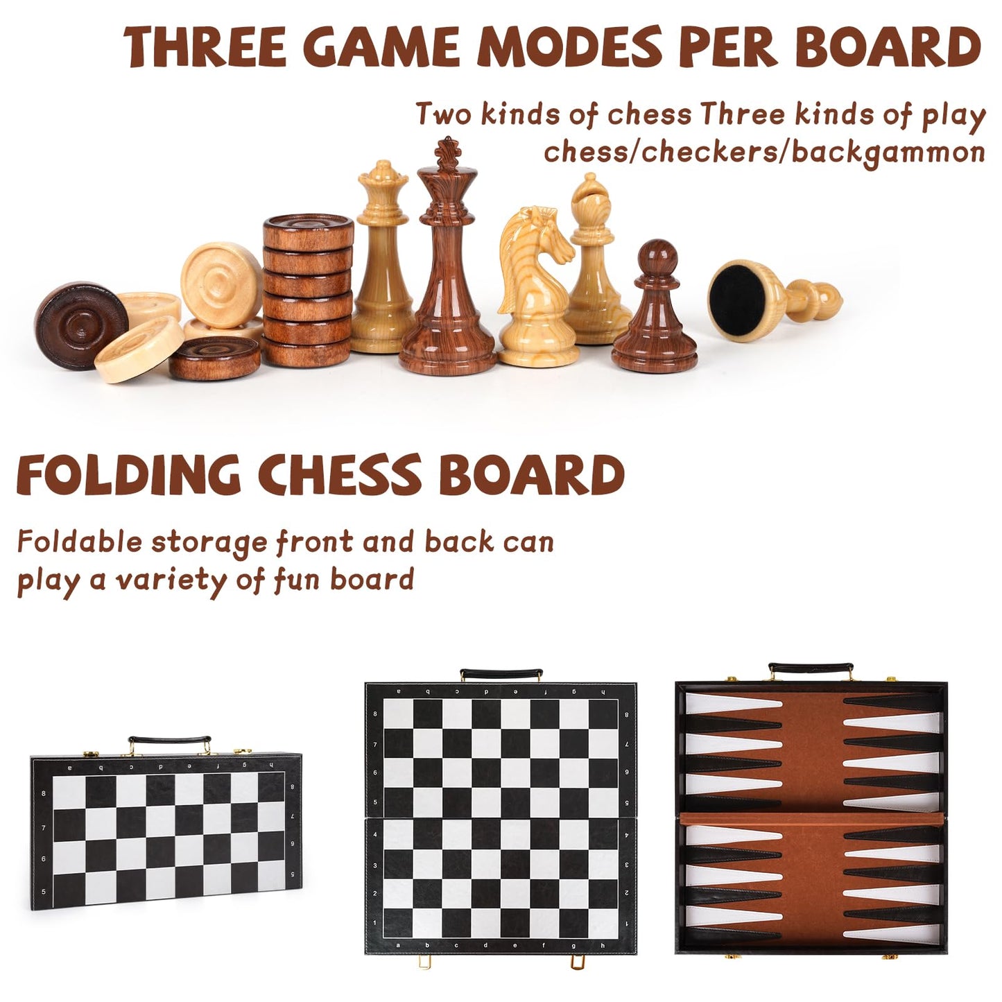 Chess Checkers Backgammon Set 3-in-1 Board Games Sets for Kids & Adults，15" Folding Magnetic Chess Set Leather Chess Board Strategy Game Portable Travel Chess Game with Magnetic Chess Pieces