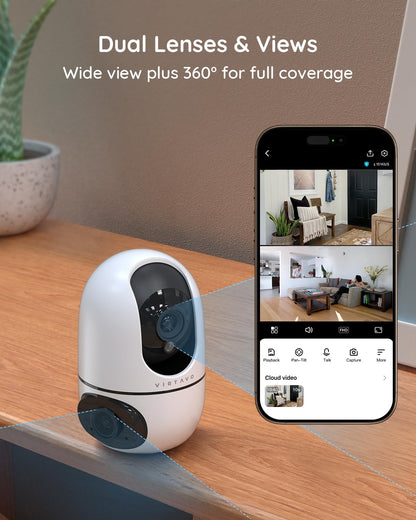 virtavo EggSentry Indoor Security Camera, Dual-Lens & Split View, 360° PTZ Baby Monitor & Pet Cam, Motion Tracking, 2-Way Audio, Night Vision, Cloud/SD Storage, Phone App, 2.4GHz WiFi