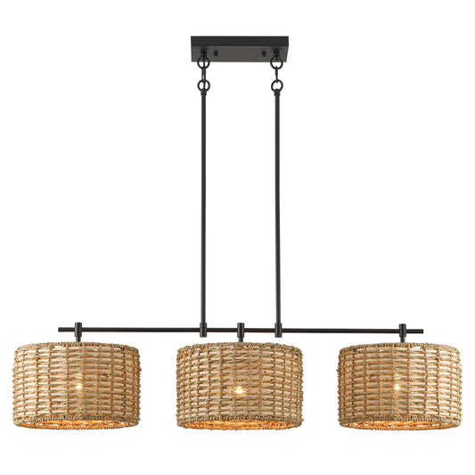 HLMRCHEN 41" Chandelier Woven Rattan Light Fixture with 3 Wicker Lampshades, Large Linear Boho Chandeliers Drum Pendant Lights Kitchen Island