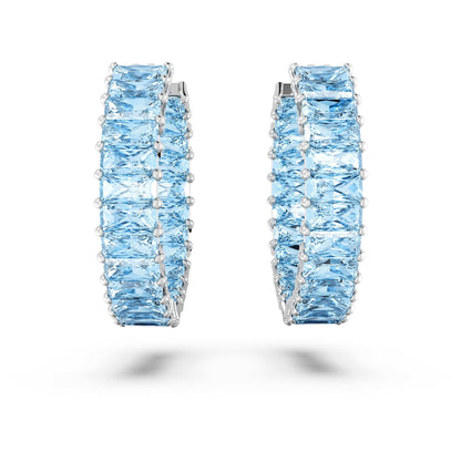 Swarovski Matrix Hoop Earrings with Princess Cut Blue Crystals on Rhodium Finished Setting, Part of the Swarovski Matrix Collection