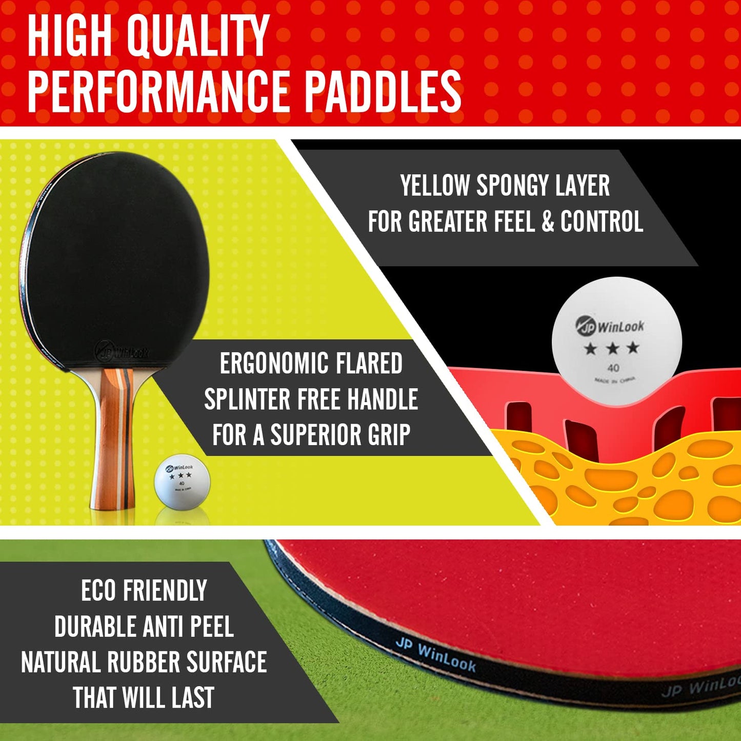 JP WinLook Ping Pong Paddles Sets of 4 - Portable Table Tennis Paddle Set with Ping Pong Paddles Professional Case & Ping Pong Balls - Premium Table Tennis Racket Player Set for Indoor & Outdoor Games